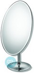 Chrome Oval mirror, Mirror height 30.5cm by 20.5cm width. Overall height 40cm. Base 13.5cm.