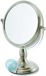 Nickel pedestal standing mirror 5x Magnification, Approx overall height 24cm. Mirror diameter 13cm. Base 10cm 