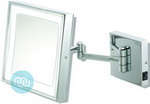 Chrome LED tilting wall mirror, Mirror 20cm square. Backplate 11.5cm x 11.5cm. Extends out 31cm
