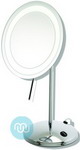 Chrome LED pedestal mirror, Mirror diameter 21cm. Overall height 39.5cm . Base 16.5cm