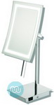 Chrome LED standing mirror, Mirror height 22cm by width of 16cm. Overall height 39cm. Base 15cm by 12cm