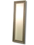 Wooden frame decorated predominantly silver with black ribbing. Bevelled mirror