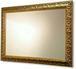 Predominantly gold frame with a decorative carved pattern. Bevelled mirror. Available in many sizes