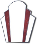 Art deco fan design mirror incorporating deep red glass. Hand made and finished for exceptional quality