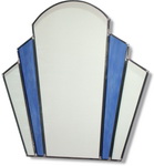 Art deco fan design mirror incorporating blue glass. Hand made and finished for exceptional quality