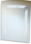 Contemporary rectangular bathroom mirror incorporating a gentle arch top with decoratively illuminated opaque panels