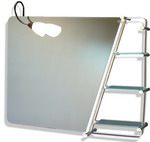 Bathroom mirror with integrated decorative light and clear glass shelves