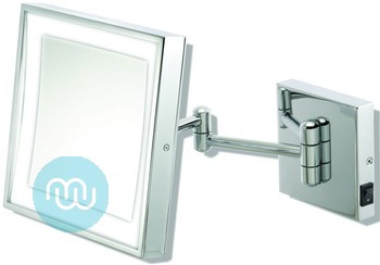 Chrome LED tilting wall mirror, Mirror 20cm square. Backplate 11.5cm x 11.5cm. Extends out 31cm