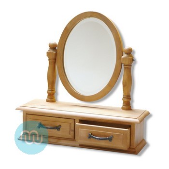 Oval dressing table mirror in natural timber with large twin drawers, adjustable tilt 