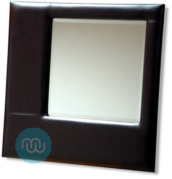 Contemporary Black Leather Effect frame with offset Square Bevelled Mirror.  Terrifically tactile in its nature, contrasts fabulously with any neutral contemporary interior.