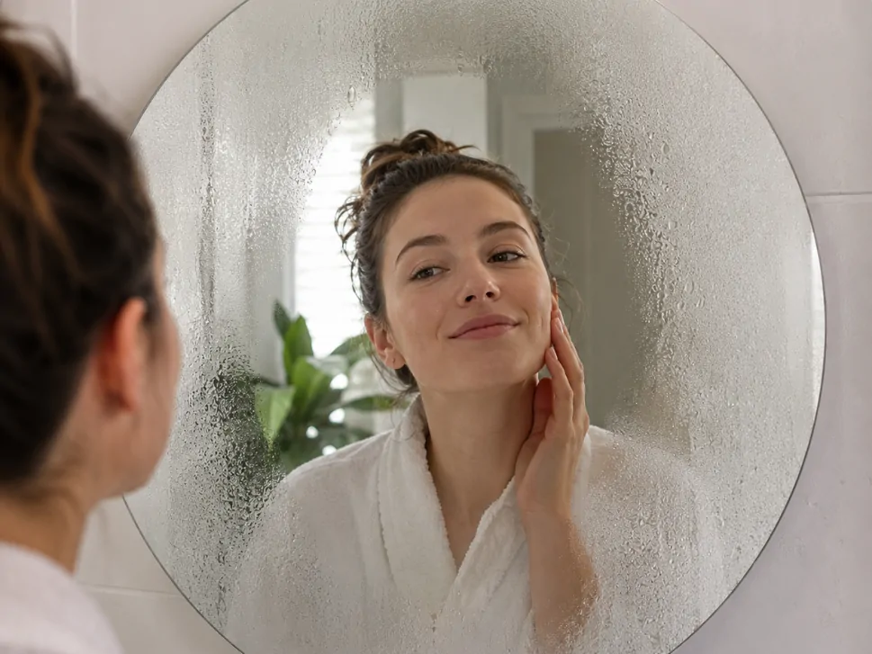 Clear central area of a bathroom mirror surrounded by steam