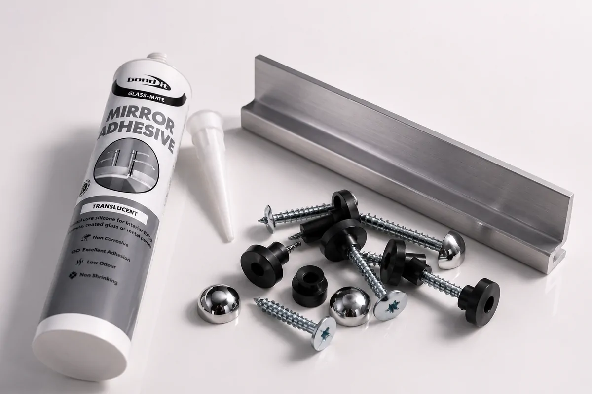 Mirror adhesive, channel, screws, caps and mounting fixings