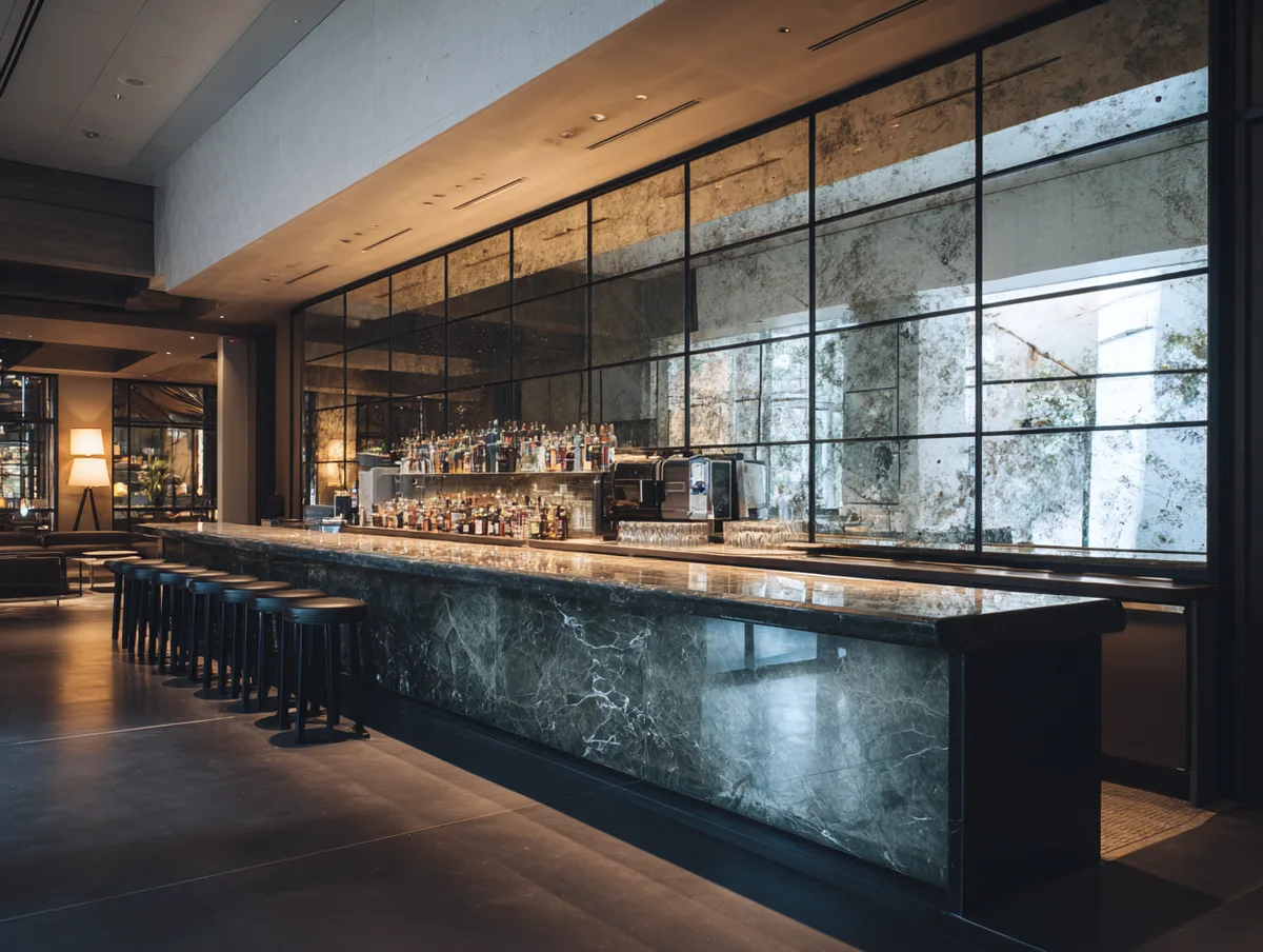 Aged and tinted mirror panels in a hospitality interior
