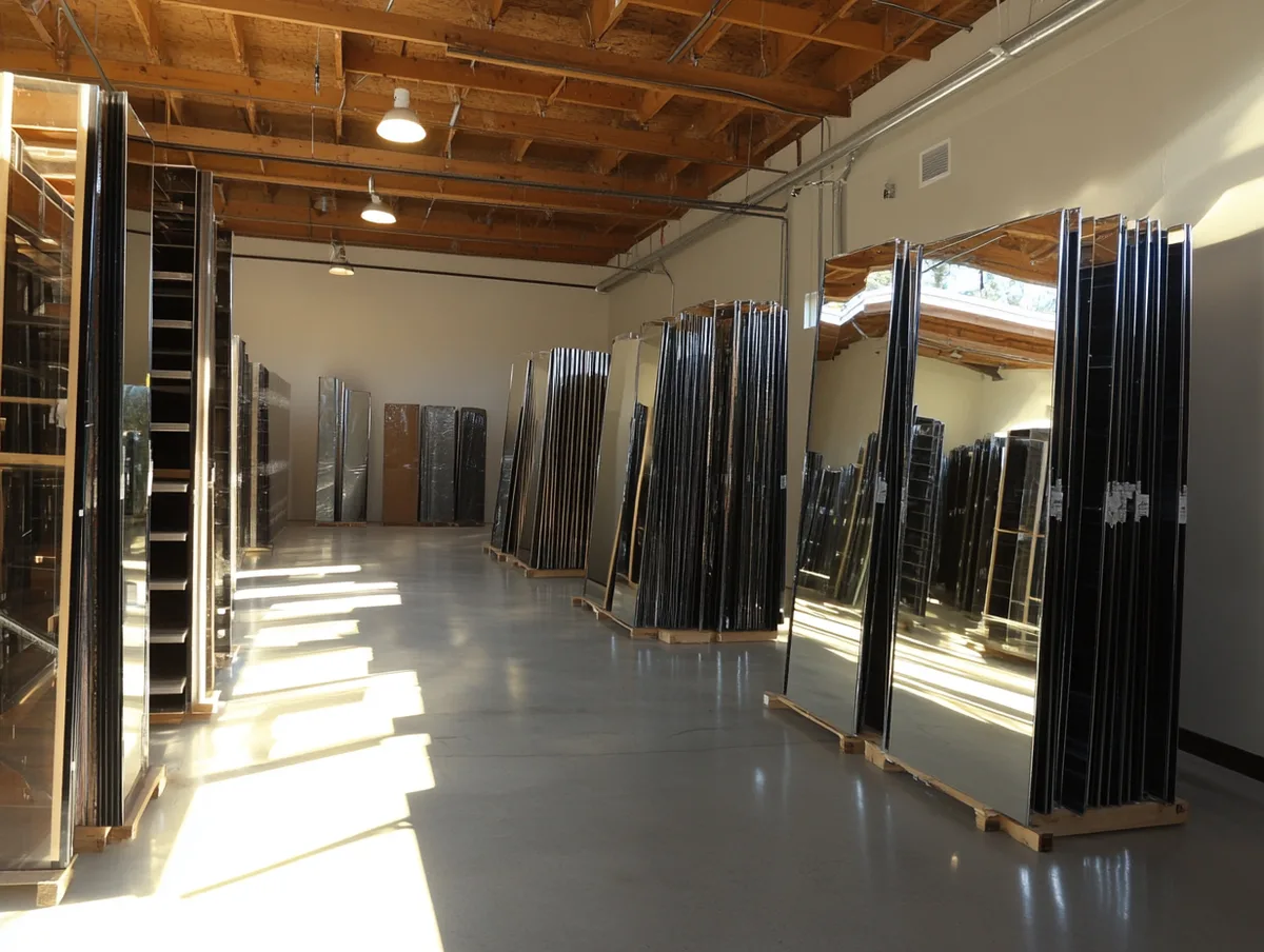 Mirror sheets prepared in a production and storage workshop
