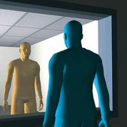 Two-way mirror as seen from the dark room