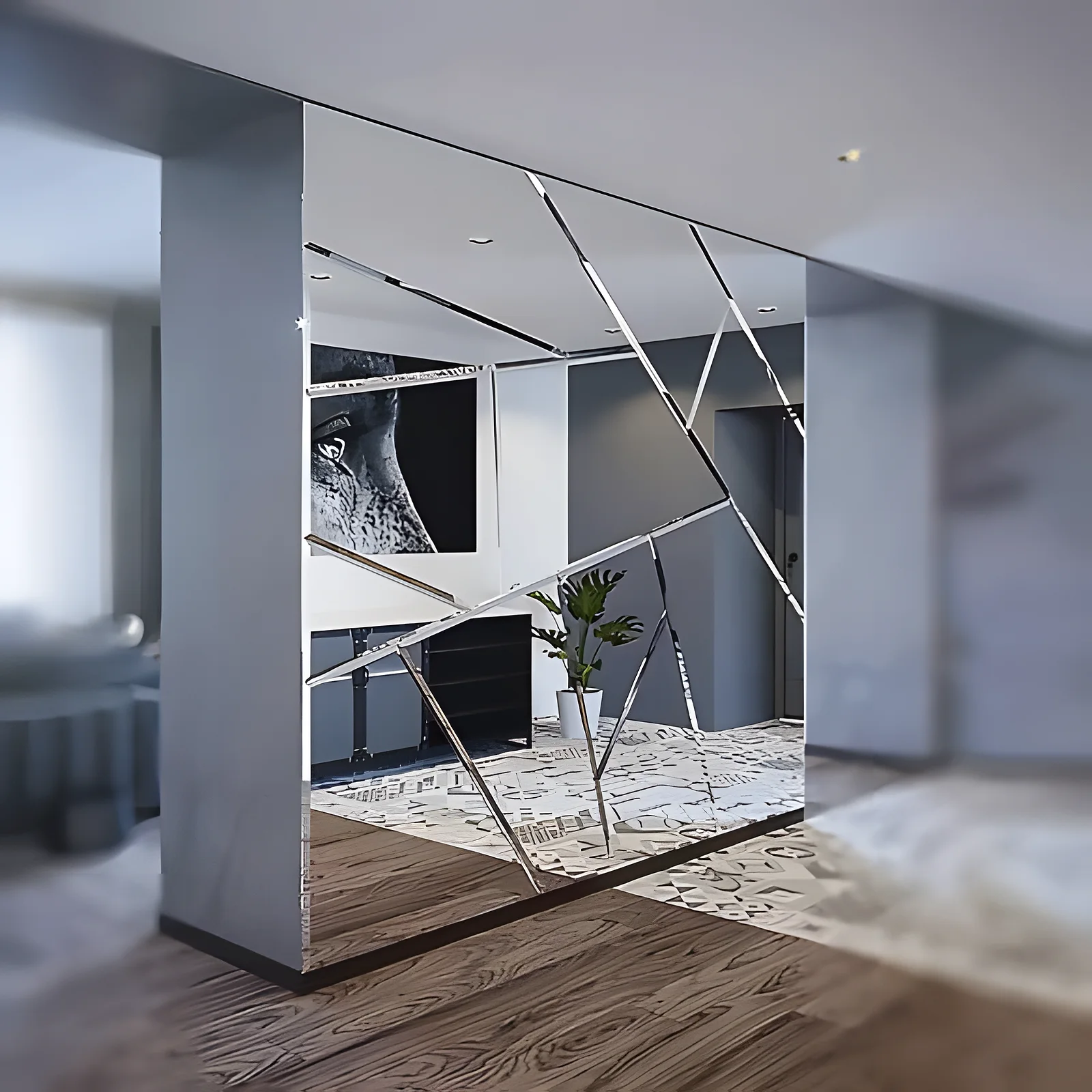 geometric mirror tile feature wall