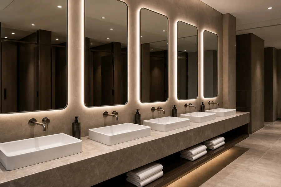 Commercial washroom mirror above basins