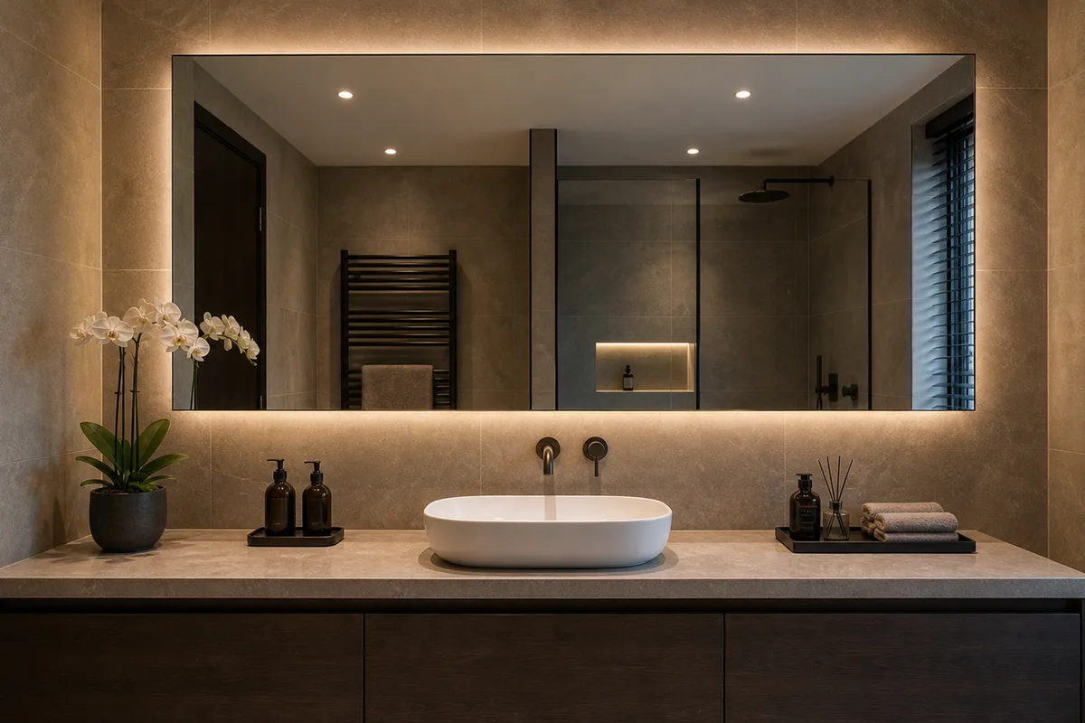 Modern bathroom mirror fitted above a vanity unit