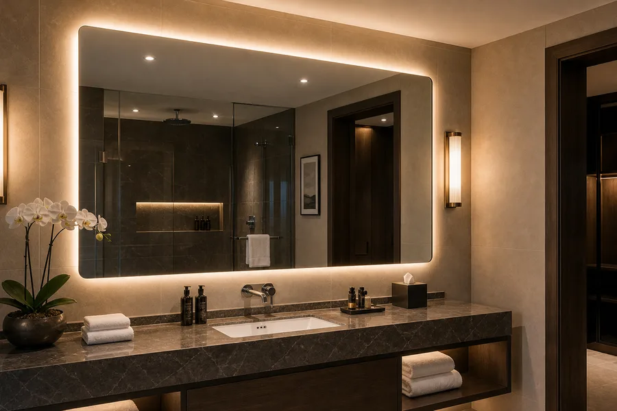 Hotel bathroom mirror installed above a vanity unit