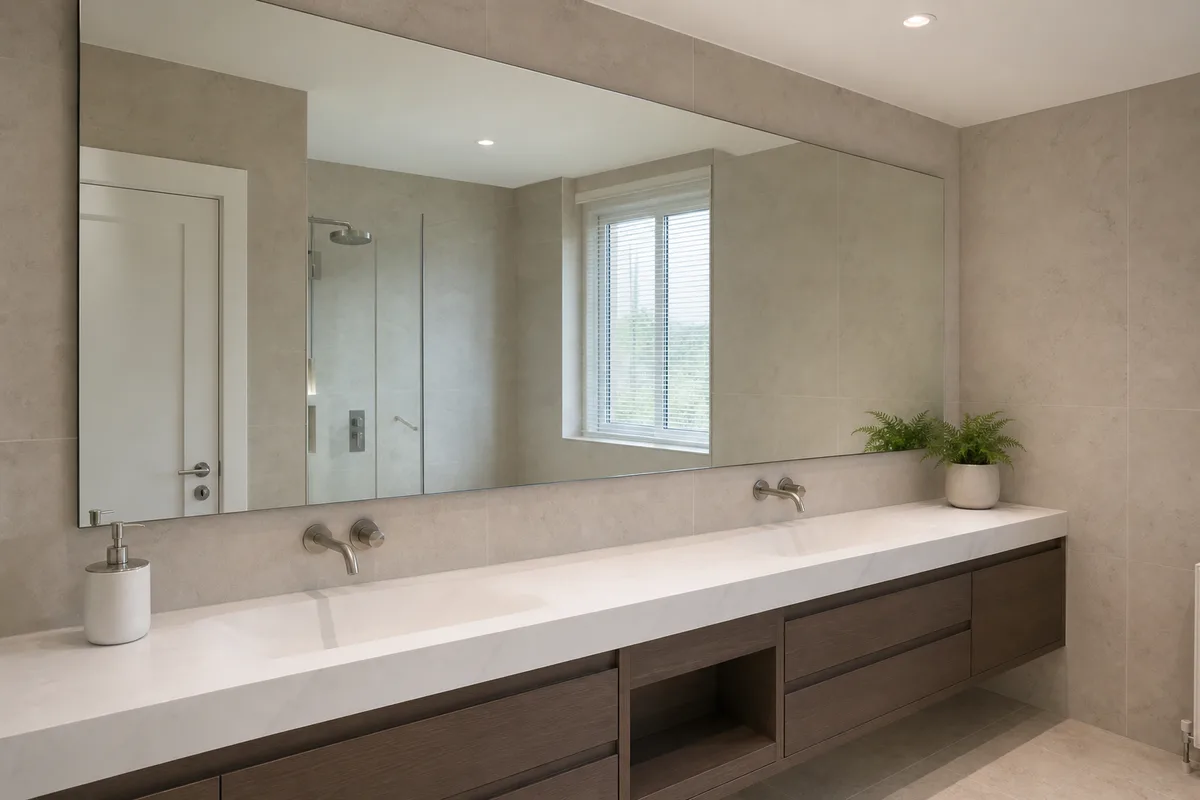 Full-width plain bathroom mirror installed above a sink area