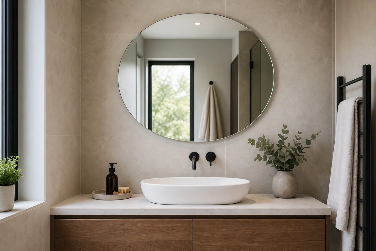 Oval bathroom mirror fitted above a vanity unit