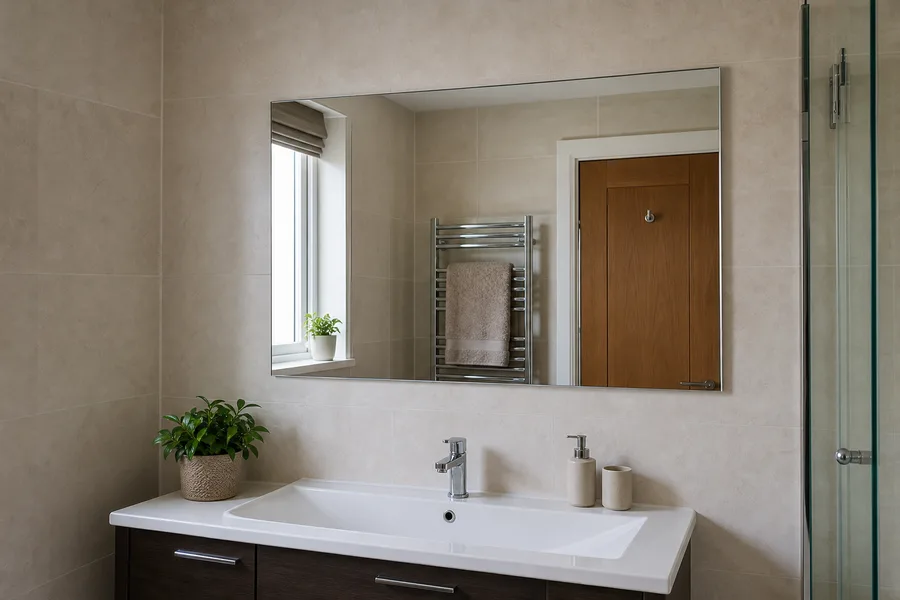 Plain made-to-measure bathroom mirror fitted above a basin