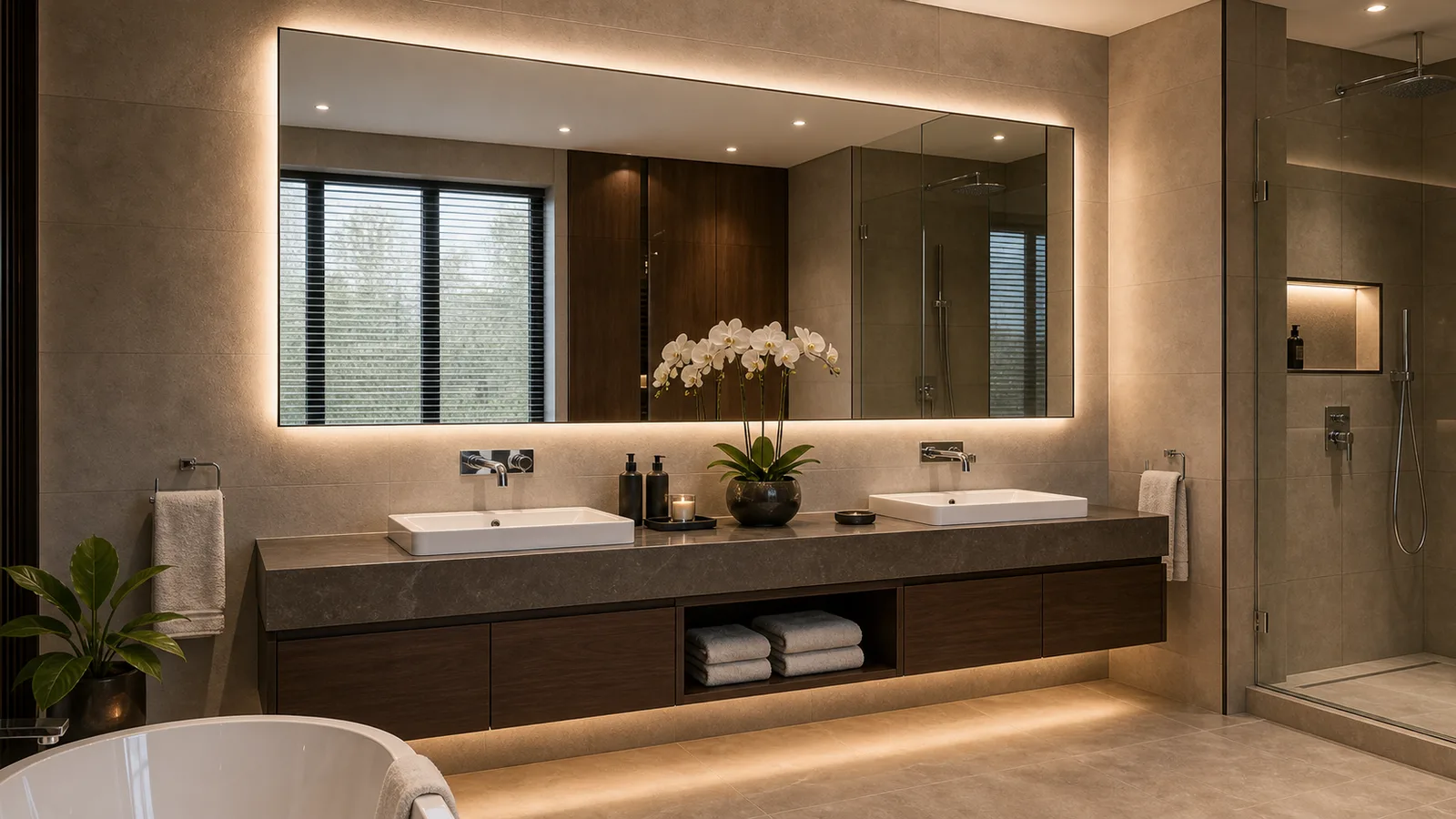 Made-to-measure bathroom mirror installed above a modern vanity unit