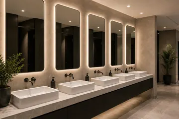 Commercial washroom mirrors installed above a row of basins