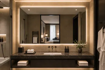 Hotel bathroom mirror fitted above a vanity unit