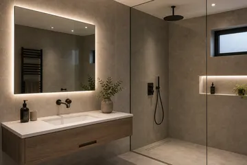 Wall mirror fitted in a tiled wet room