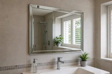 Bevelled plain bathroom mirror fitted above a basin