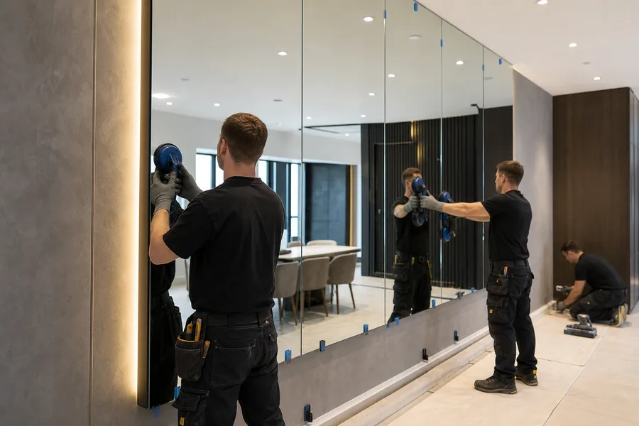 Professional installers fitting a large commercial mirror panel