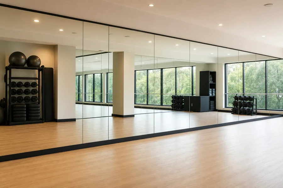Full wall commercial mirrors installed in a gym or studio