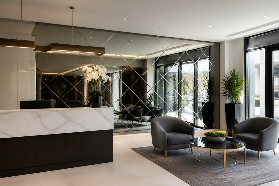 Commercial mirrors in an office or reception area