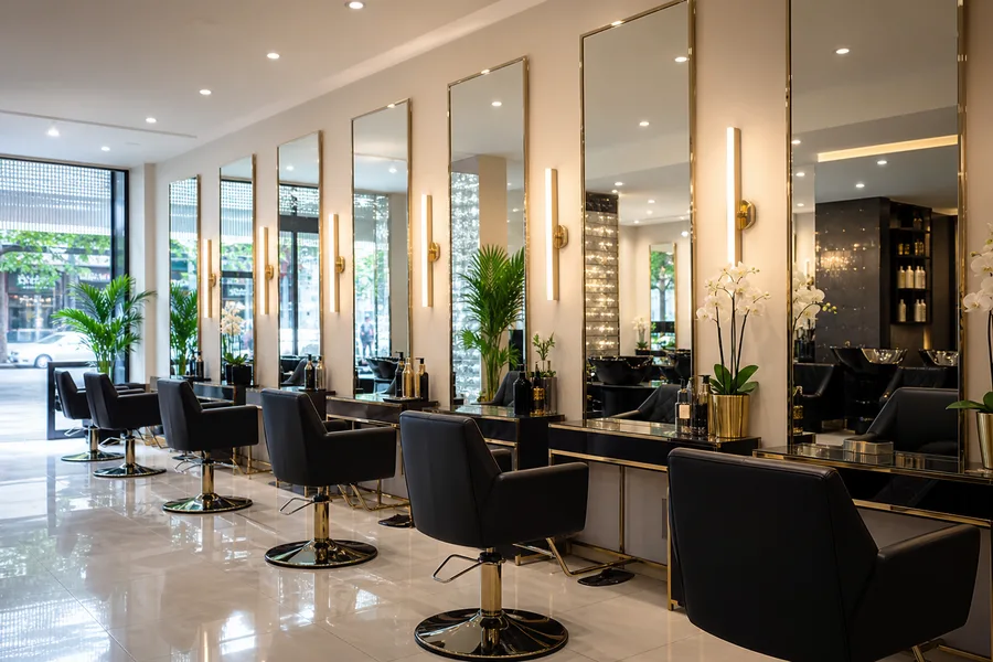 Commercial mirror installation in a salon or retail interior