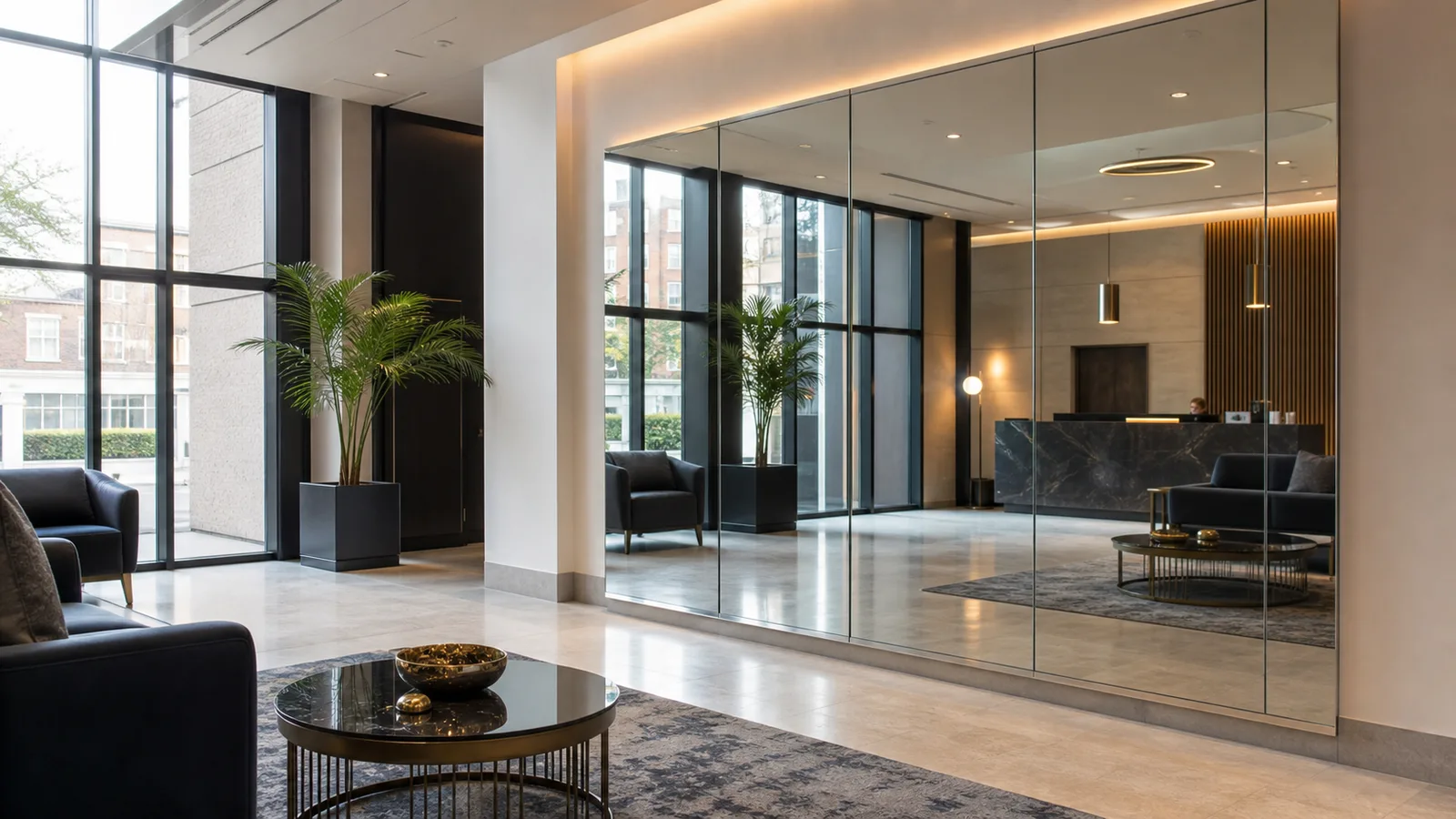 Commercial mirror installation in a modern interior space