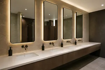 Row of bespoke mirrors fitted above sinks in a commercial washroom