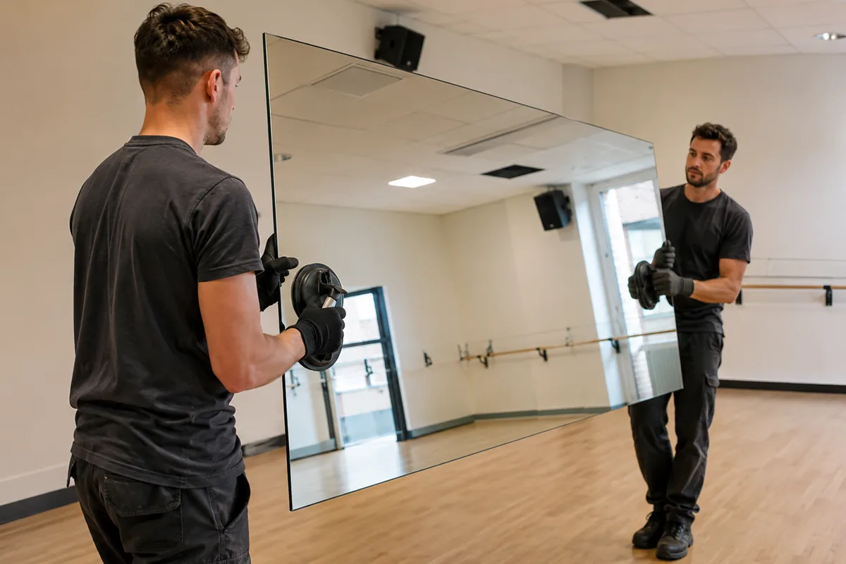 Professional installers carrying one large mirror panel in a dance studio