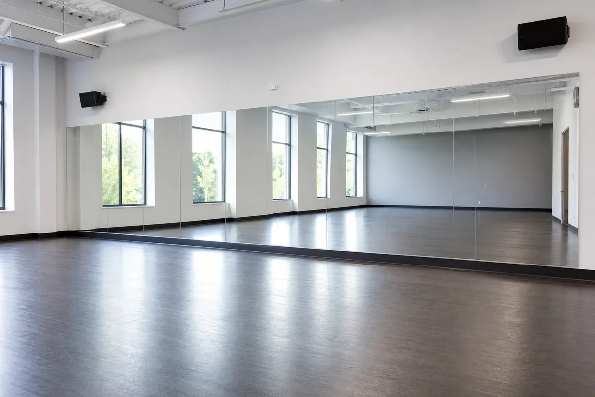 Dance studio wall mirrors across a clean contemporary studio