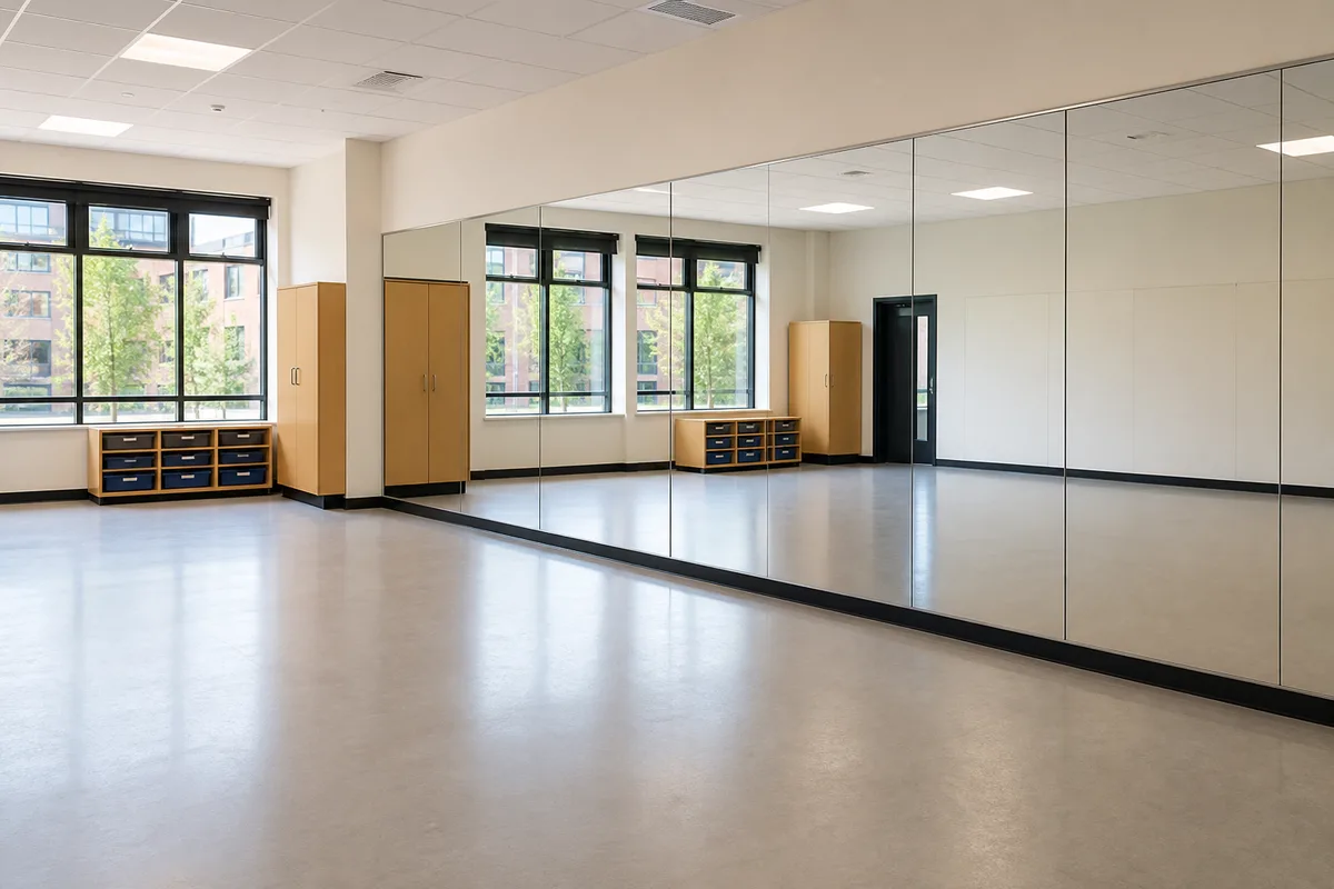 School dance room mirrors fitted across a studio wall