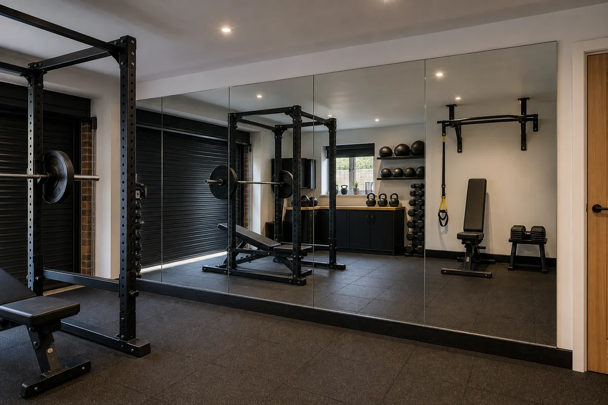 Mirror wall installed in a garage gym