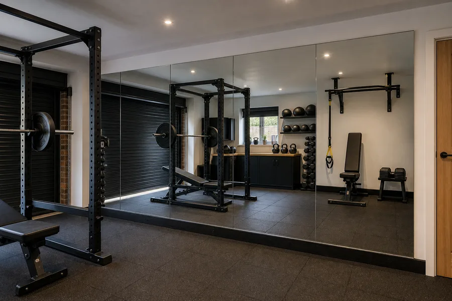 Home garage gym mirror wall beside training equipment