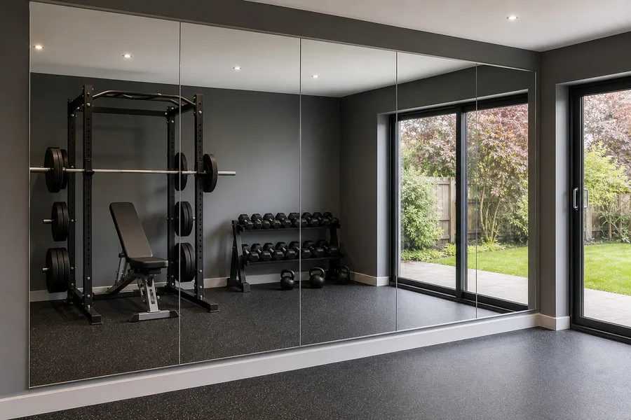 Home gym mirror panels on a training wall