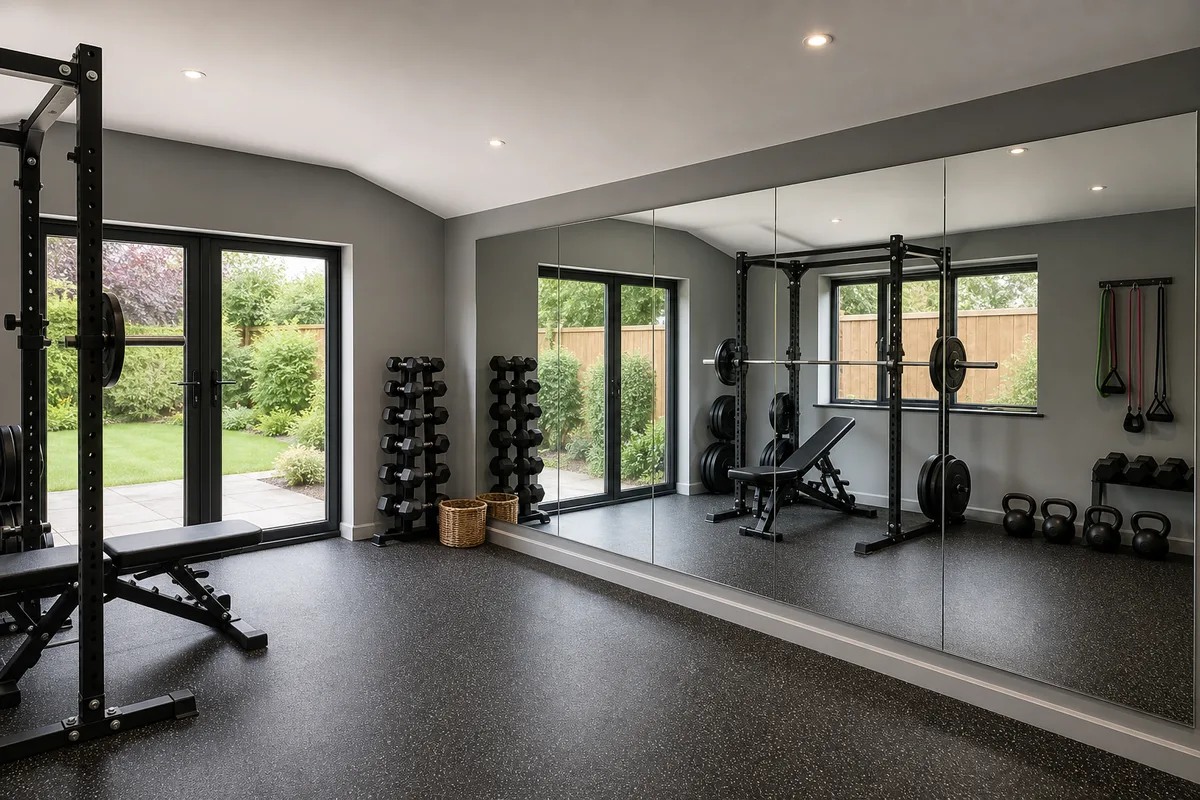 Wall mirrors installed in an outbuilding home gym