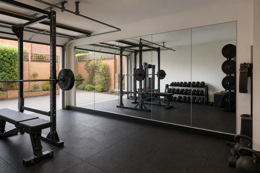 Large mirrors installed in a garage gym