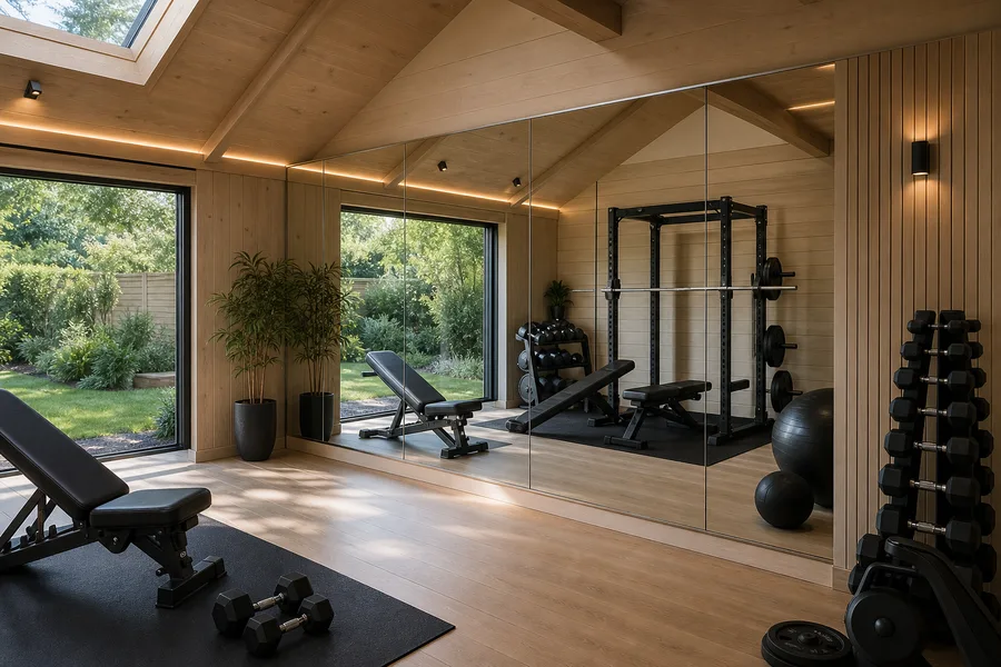 Wall mirrors fitted in a garden room gym