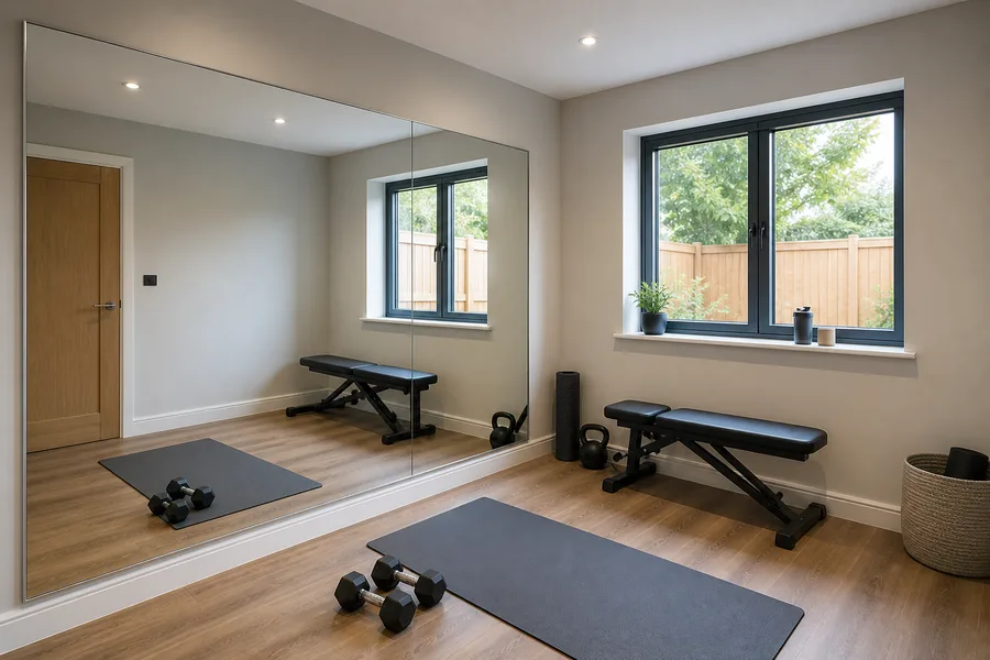 Large mirror fitted in a spare room fitness space