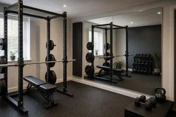 Home gym mirror installed near a weight training area