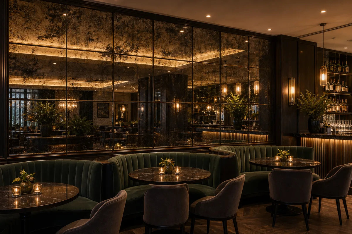 Antique mirror feature wall in a hotel bar