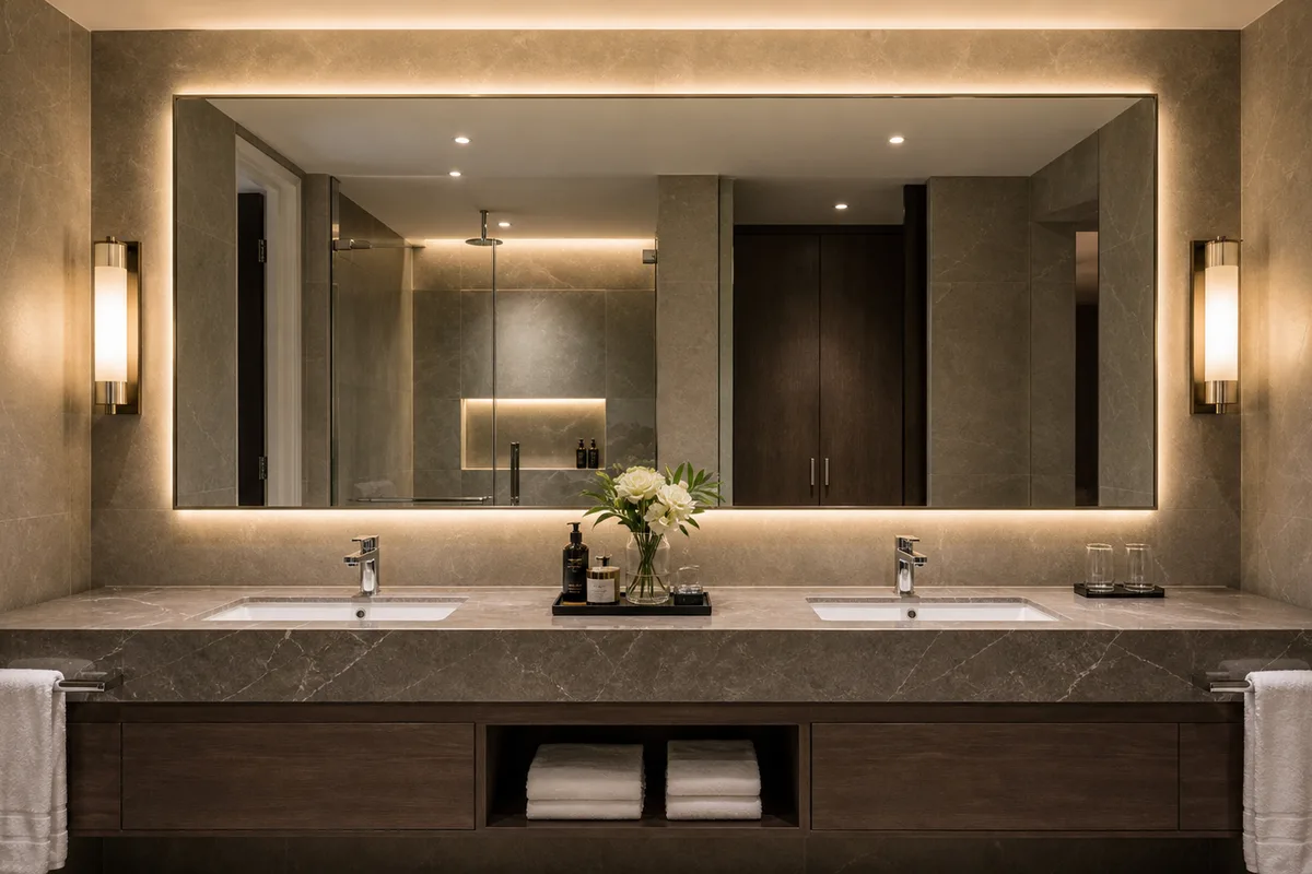 Hotel bathroom mirror fitted above a double vanity unit